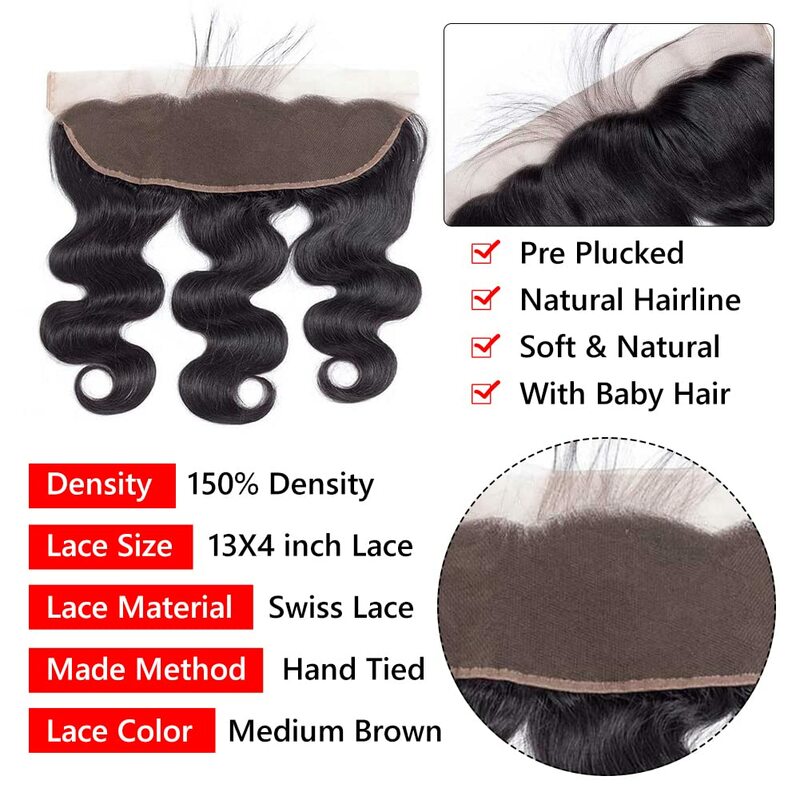 Body Wave Bundles with Closure 100% Unprocessed Brazilian Virgin Hair 3 Bundles with 13x4 Lace Closure Free Part Natural Color