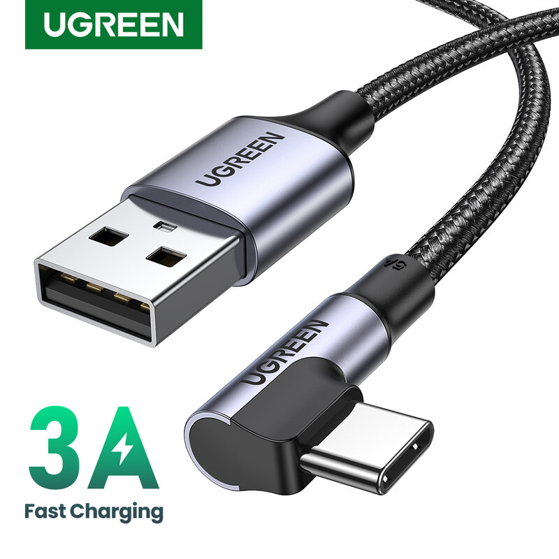 Kabel USB C Ugreen untuk Samsung S9 S10 Plus Pengisian Cepat 3.0 USB Miring Kanan Tipe C Kabel Data Pengisi Daya Cepat untuk Game USB-C Kawat