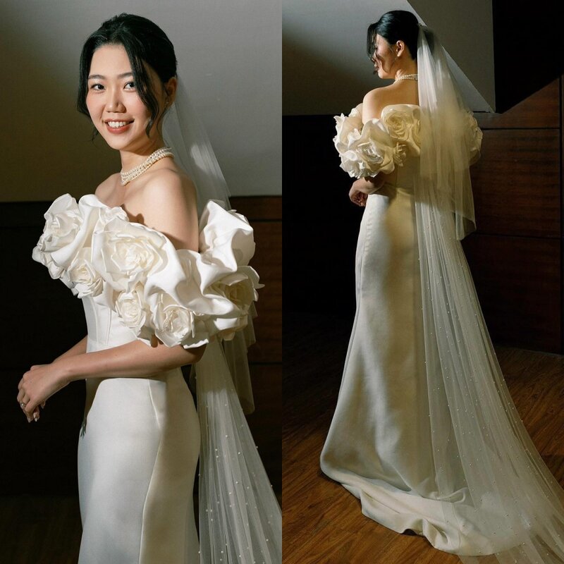 Voluminoso vestido de noiva feminino com rosas 3D, elegante e suave cetim, vestido de noiva sereia, personalizado, exclusivo, 20076 #, 2024