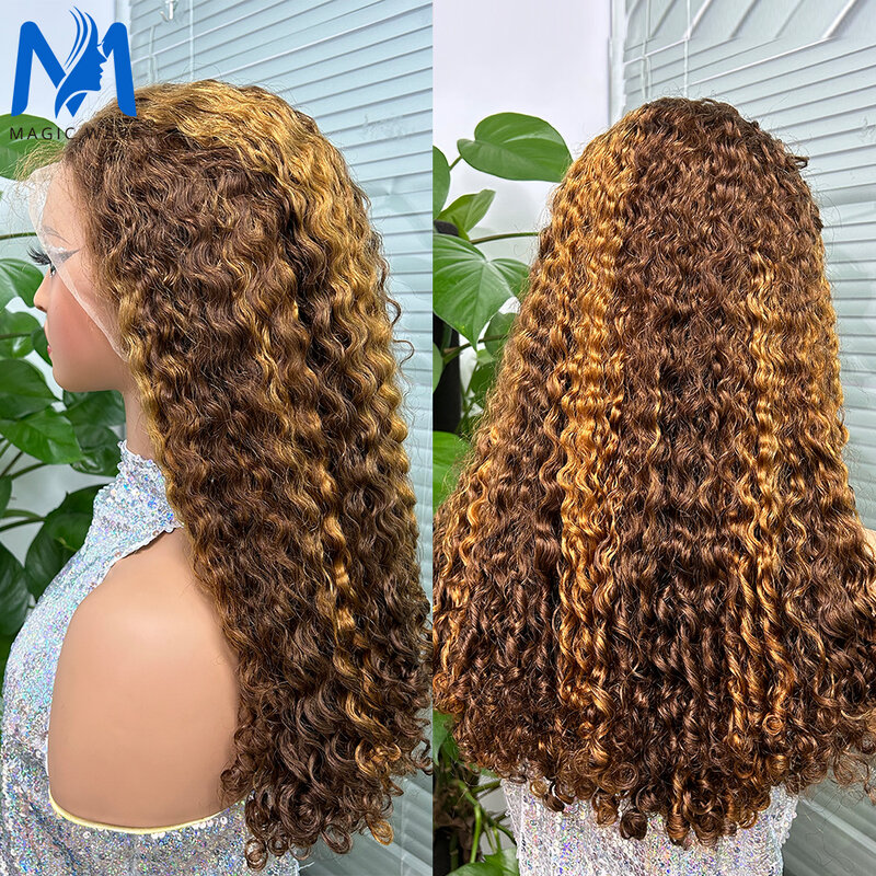 Peluca de cabello humano con ondas rizadas para mujer, postizo de encaje Frontal 13x4, 250 de densidad, resaltado rubio miel, Color Piano