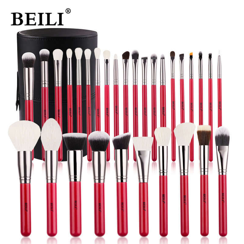 BEILI Red 30pcs Professional Makeup Brushes Set Natural Hair Foundation Eyeshadow Eyebrow Make Up Brush Set