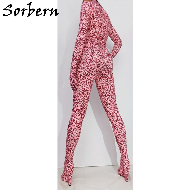 Fato corporal floral Sorbern, Catsuit esticado, luvas, cunha de salto alto, macacão personalizado para tanga, bota legging