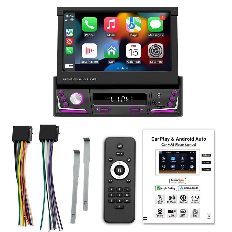 CarPlay multimédia sem fios HD, vídeo, leitor de MP5, ecrã retrátil, ligação espelho, automóvel BT, FM, USB, 9606W AUX, 1DIN, 7"