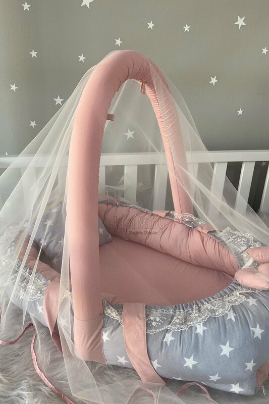 Handmade Gray Star Powder Mosquito Net with Toy Hanger Luxury Design Babynest