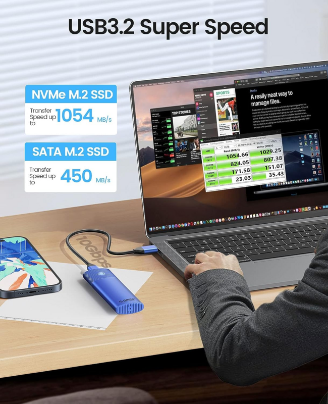 ORICO M.2 NVMe SATA SSD 인클로저 어댑터 도구 필요 없는 USB C 3.2 Gen 2, 10Gbps NVMe 5Gbps NGFF SATA PCIe, 금속 방열판 포함