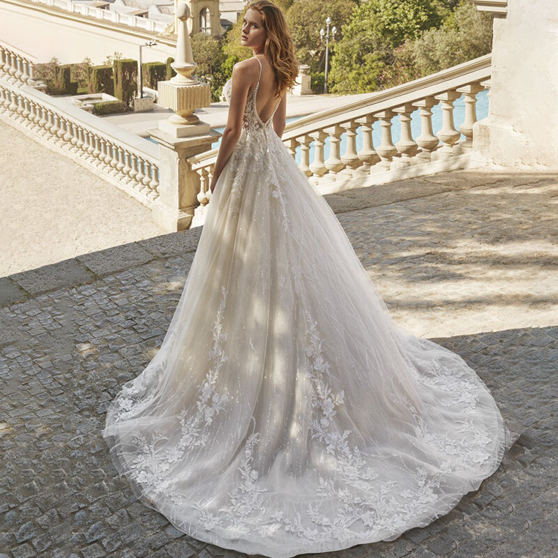 Spaghetti Straps A-line Wedding Dress Bridal Gown V-neck Sleeveless Shine vestidos de novia Custom Made For Women 2023