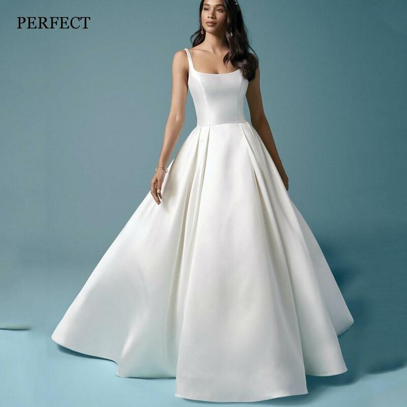 PERFECT Elegant Square Collar Satin Wedding Dresses Ball Gown Sleeveless Backless Bridal Gowns Custom Made Vestidos De Novia