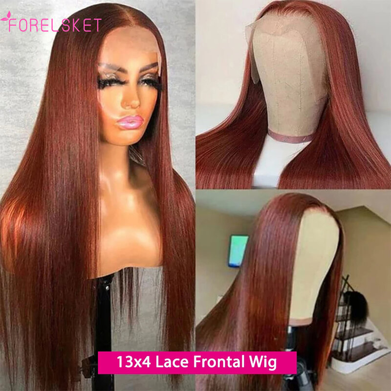 Straight HD Lace Frontal Wig, Malásia Perucas de Cabelo Humano, Vermelho Colorido, Malásia, Marrom avermelhado, 13x4, 13x4
