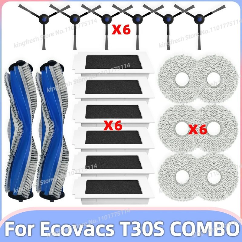 Compatible avec les pièces de rechange et accessoires pour aspirateur robot Ecovacs T30S COMBO - rouleau principal, brosse latérale, filtre HEPA, tampon de vadrouille, chiffon de vadrouille