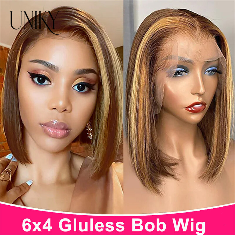 Highlight P4/27 Peruvian Straight Hair Short Bob Ombre Blond Wig Straight Bob Wig 6x4 wear and go glueless human hair wig blonde