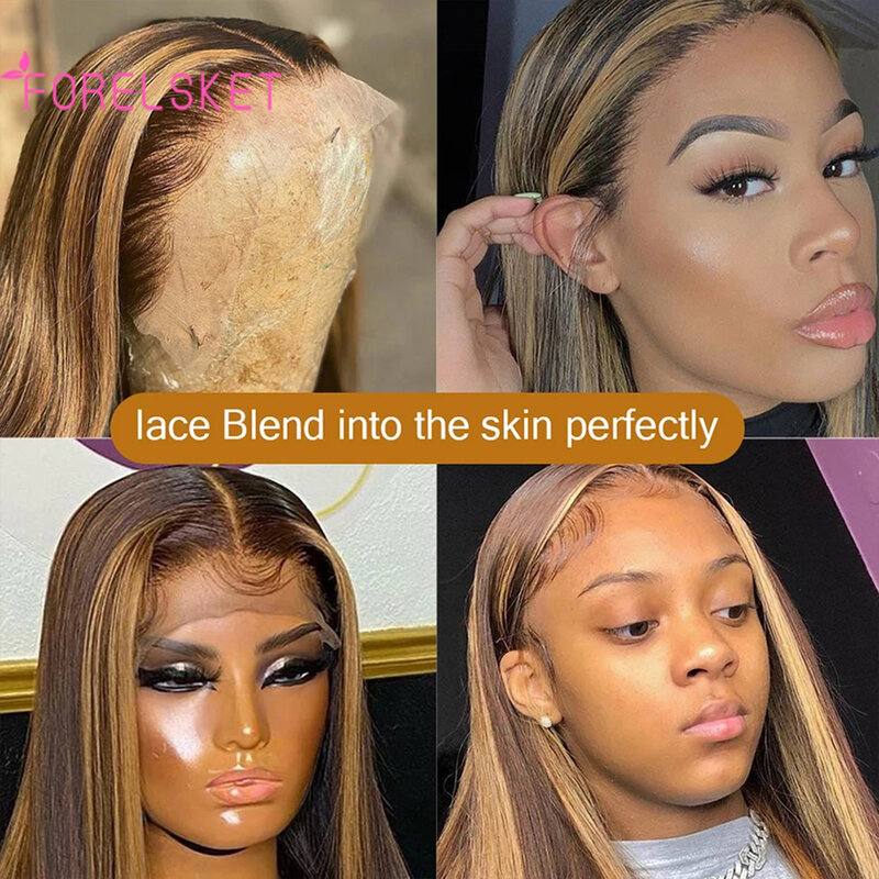16-30 cali Highlight 13x4 HD Lace Front Wig: 180% Gęstość Brazylijskie peruki z ludzkich włosów Remy dla kobiet - Prosty podkreślony wygląd