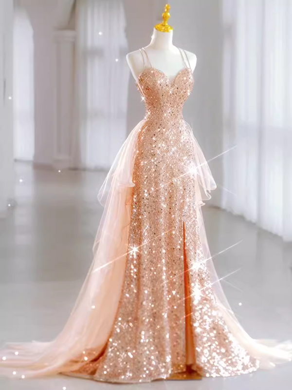 結婚式のドレス,タイトなスパンコールのVネックドレス,スパゲッティストラップ,スリット,フォーマル,長いチュールの列車,2024