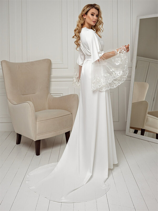 Elegant Lace Bride Robe For Wedding Sexy Flare Sleeves Soft Satin Bridal Shower Dress Women Night Gwon 2024