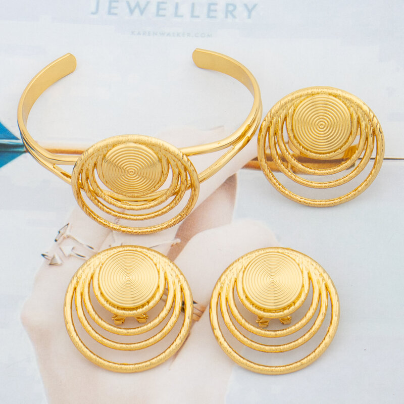 Dubai Gold Color Jewelry Set for Women Earrings and Necklace Bangle Ring 4Pcs Set for Engagement Party Daily Wear Gifts