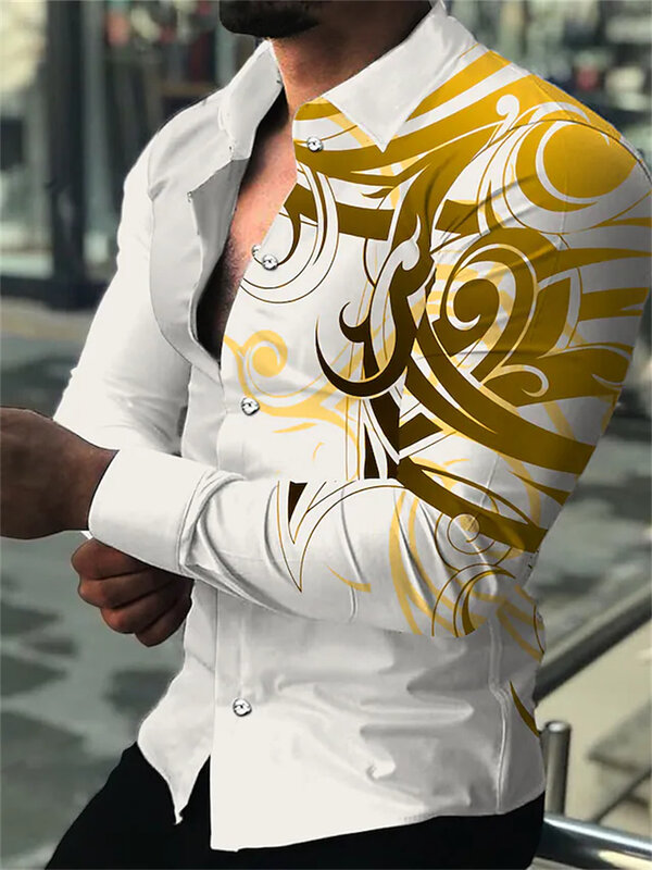 Moda de luxo camisa lapela retalhos graffiti impressão geométrica lapela magro botão manga longa casual clube social baile topo