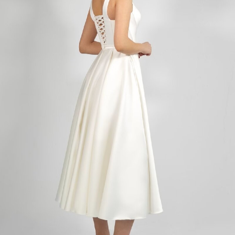 Gaun pernikahan sederhana betis sedang gaun pengantin Tank kerah sendok gaun pengantin elegan A-Line Vestidos Para Mujer