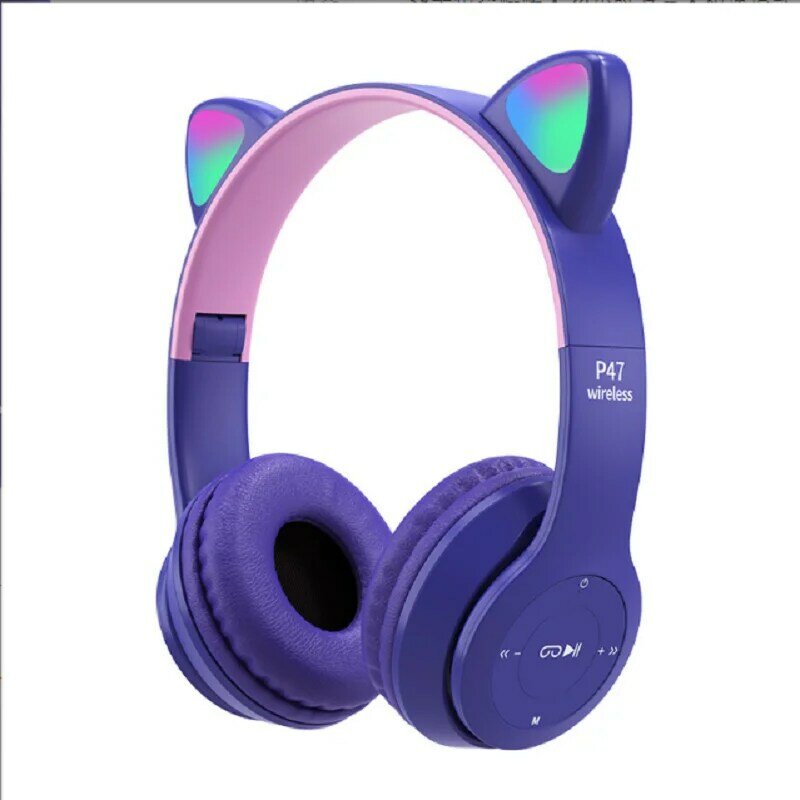 Over-the-head wireless Bluetooth headset Ultra long cat-ear light-emitting folding headset