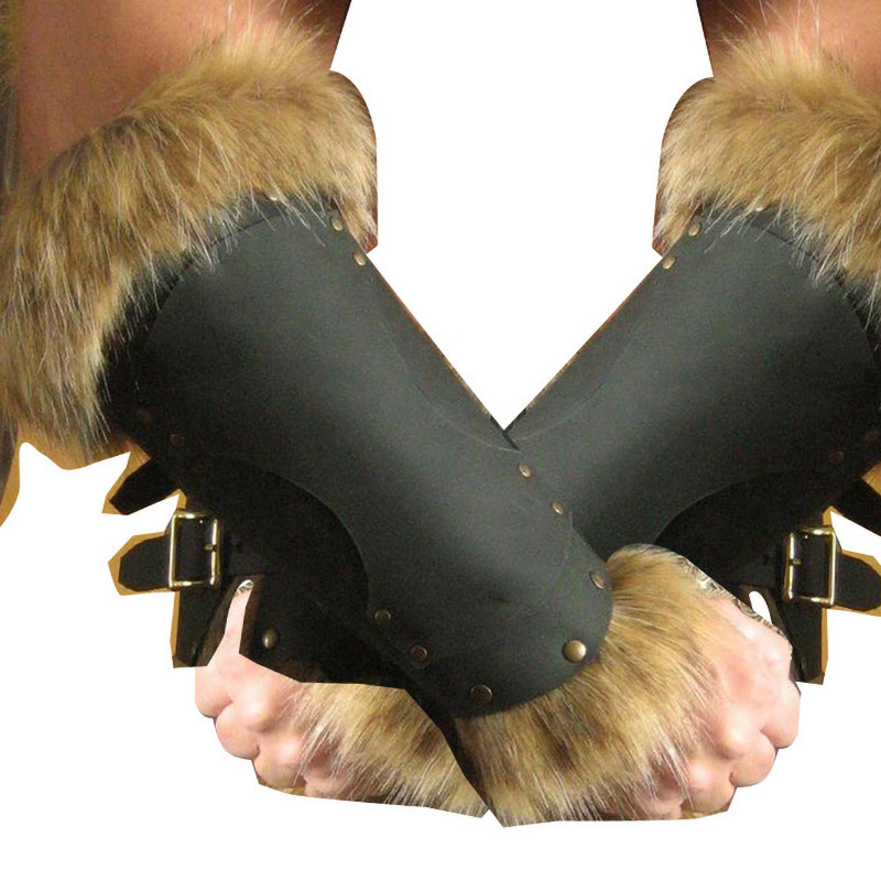 Medieval Viking Warrior Leather Bracer Steampunk Fur Accents LARP Costume for Men Women Riveted Arm Armor Halloween Accessory