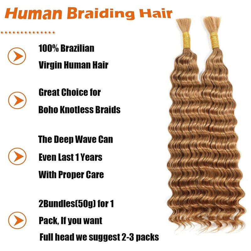 26 28 Inch Ginger orange Human Hair for Braiding Deep Wave Bulk No Weft 100% Virgin Hair Human Braiding Hair for Boho Braids