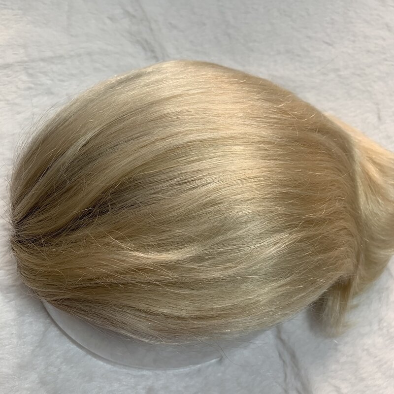 T4/613 włosy blond tupecik z ludzkich włosów dla mężczyzn peruka damska z cienką skórą PU 8*10 peruki z prostymi włosami dla mężczyzn