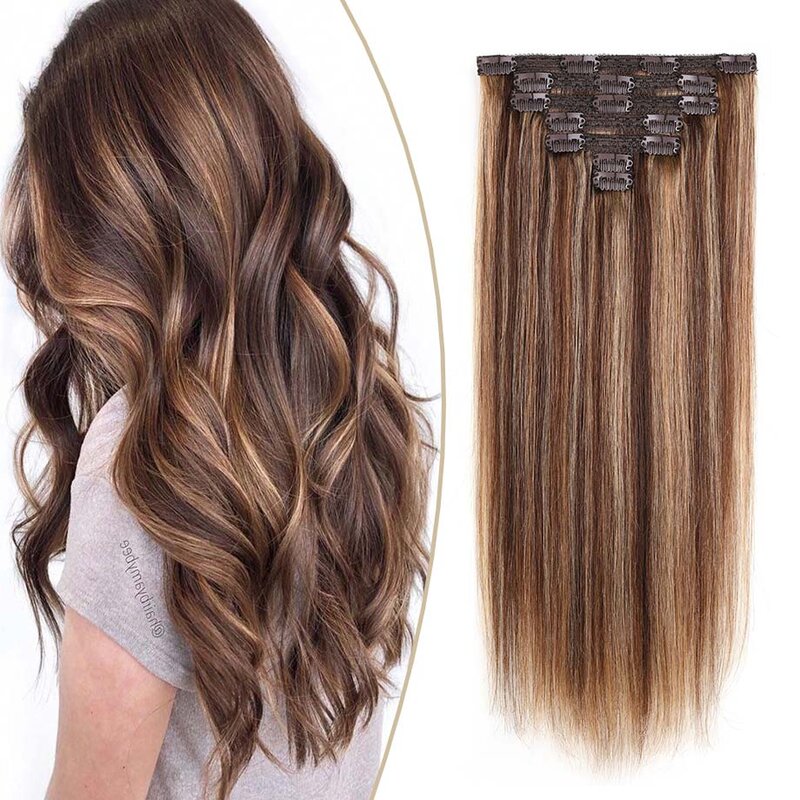 Clip in Hair Extensions Human Hair Balayage Double Weft Lace Clip in Human Hair Extensions Medium Brown Caramel Blonde 7Pcs/70G