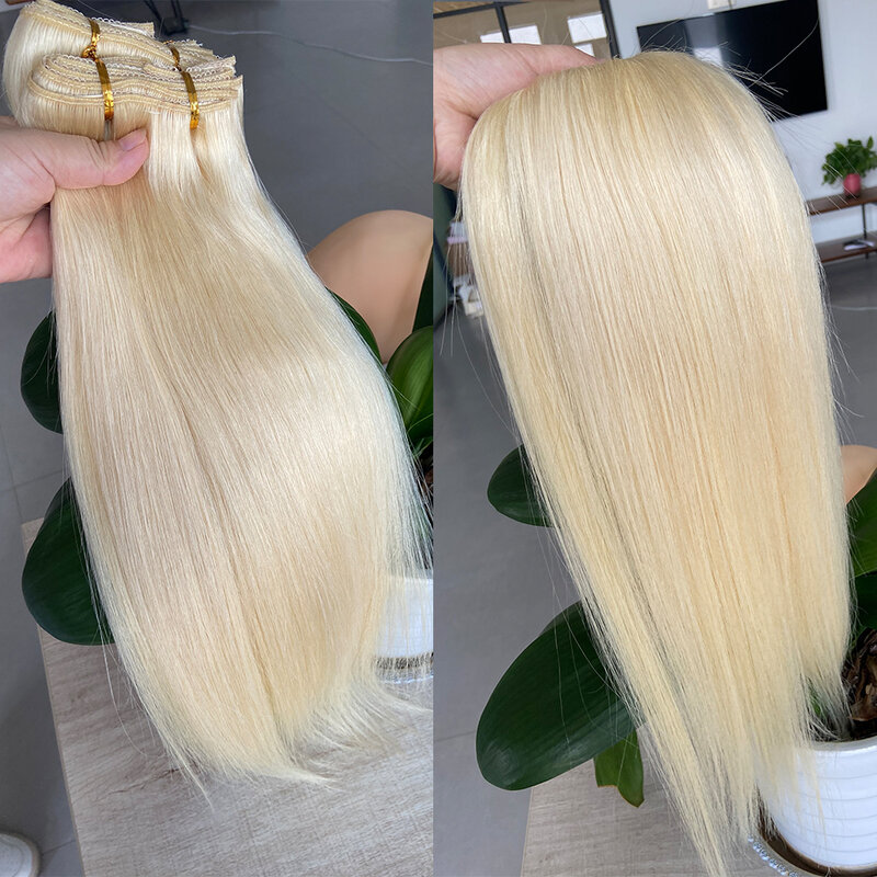 14 to 24 60# Bleach Blonde Human Hair Extensions Clip in European Real Remy Hair Clip Ins Natural Human Hair Clip On 110-200G