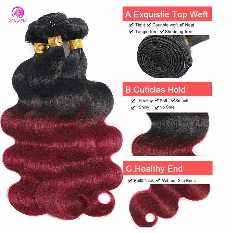 Bundel gelombang tubuh 1B/99j dengan penutup 100% rambut manusia 3/4 bundel rambut Virgin Brasil ekstensi berwarna untuk wanita