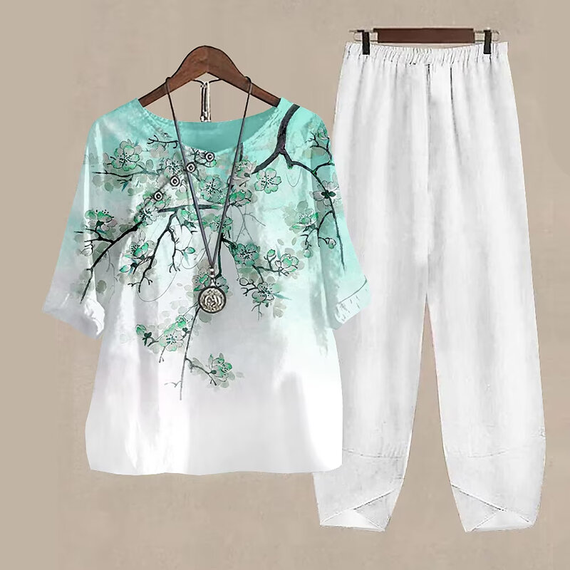 New Summer Two Piece Sets White Floral Print Womens Outfits Elegant Ladies O Neck Loose Short Sleeve Shirt High Waist Pants Suit