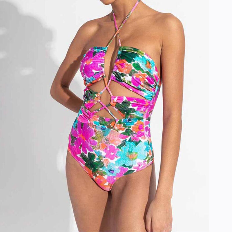 Floarl Print Bikinis Halter Swimwear Vintage Beach Suit Cutout Backless String Large Size Swimsuit Sexy Lacing Up Tankini Summer