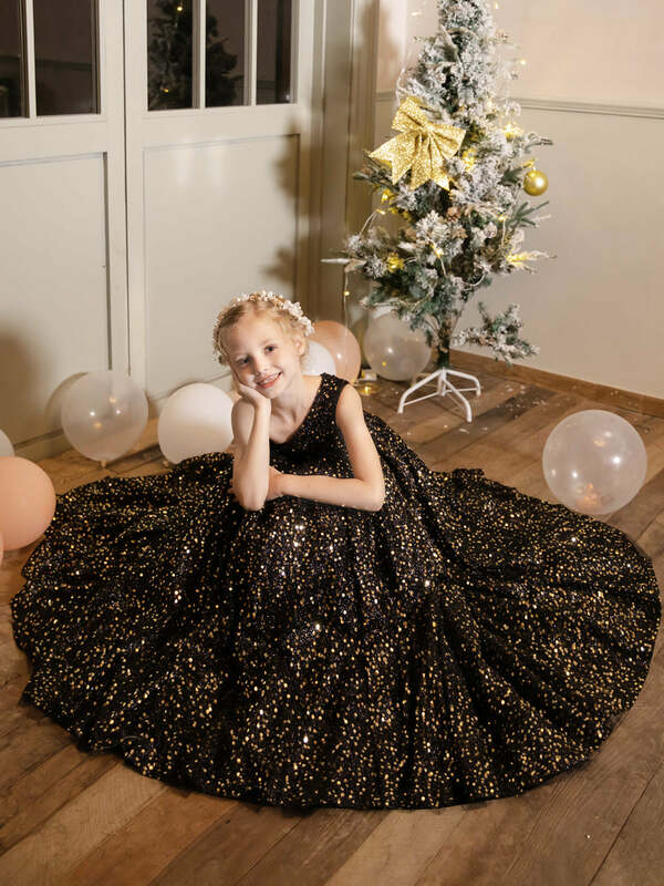Vestido floral de veludo de um ombro para meninas, vestido preto sem mangas, vestido de casamento e aniversário, lantejoulas