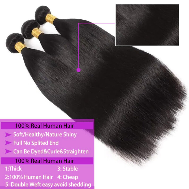 Bundel rambut manusia dengan 13x4 bundel lurus Brasil Frontal dengan penutup rambut manusia menenun ekstensi 3 bundel rambut Remy