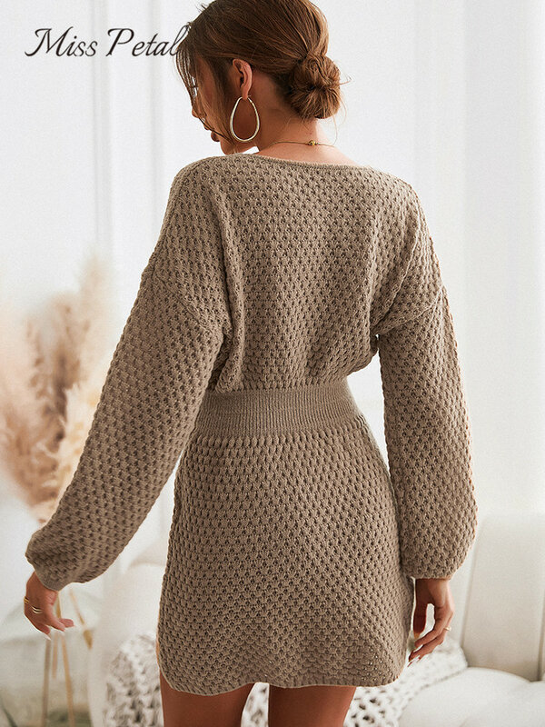 MISS PETAL Honeycomb Knit Brown sweter sukienka kobieta Casual długi rękaw długi sweter sukienka 2023 jesień swetry na zimę odzież wierzchnia