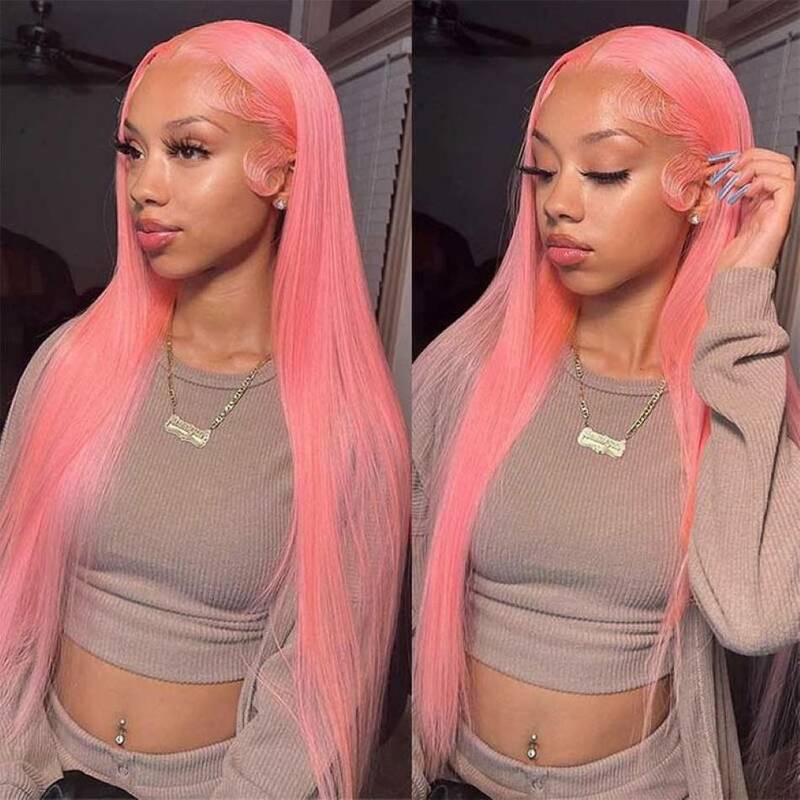 Wig rambut manusia renda depan lurus merah muda 13x6 HD Wig rambut manusia bagian depan renda untuk wanita pilihan Wig Cosplay warna 30 inci obral