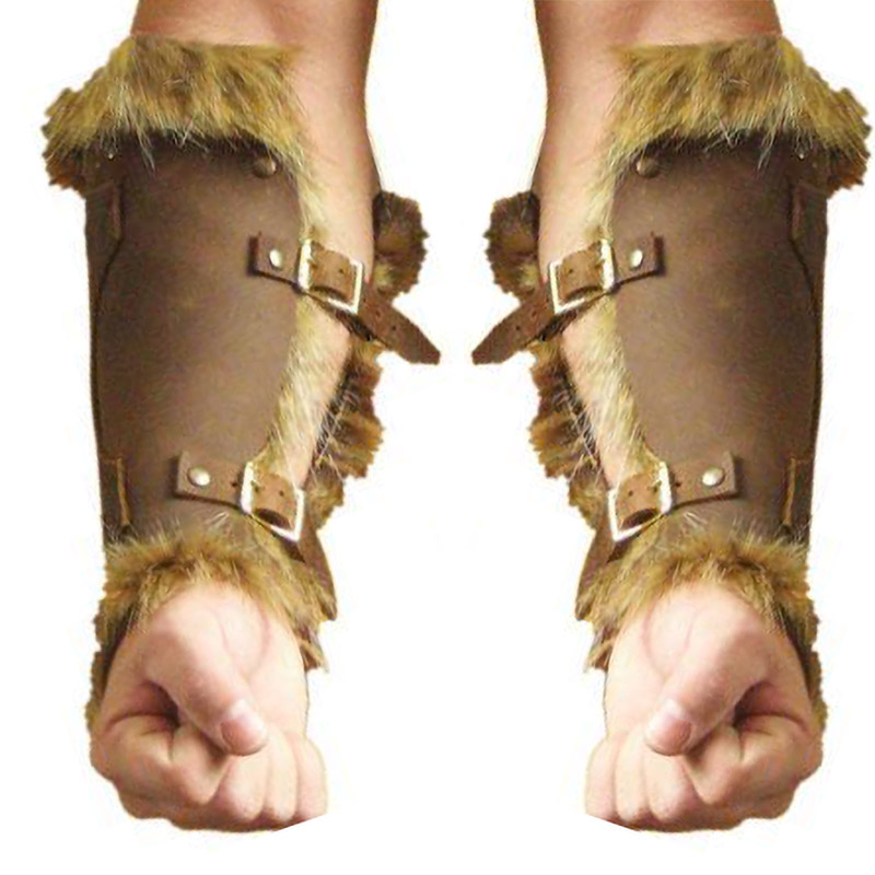 Medievale Viking Warrior bracciale in pelle Steampunk Fur Accents LARP Costume per uomo donna rivettato Arm Armor accessorio di Halloween