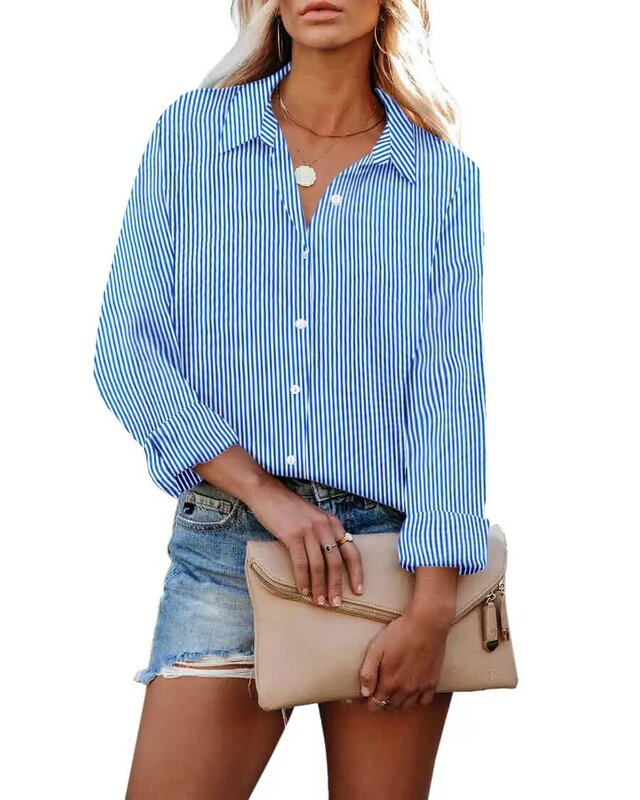 Camisas y blusas de moda para mujer, camisa clásica de manga larga con botones y estampado a rayas azules, ropa de verano 5XL, 2024