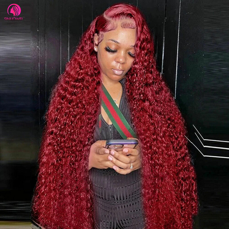 Borgonha Lace Frontal peruca de cabelo humano, vermelho encaracolado peruca, onda profunda, densidade de 180%, 13x4, 99j