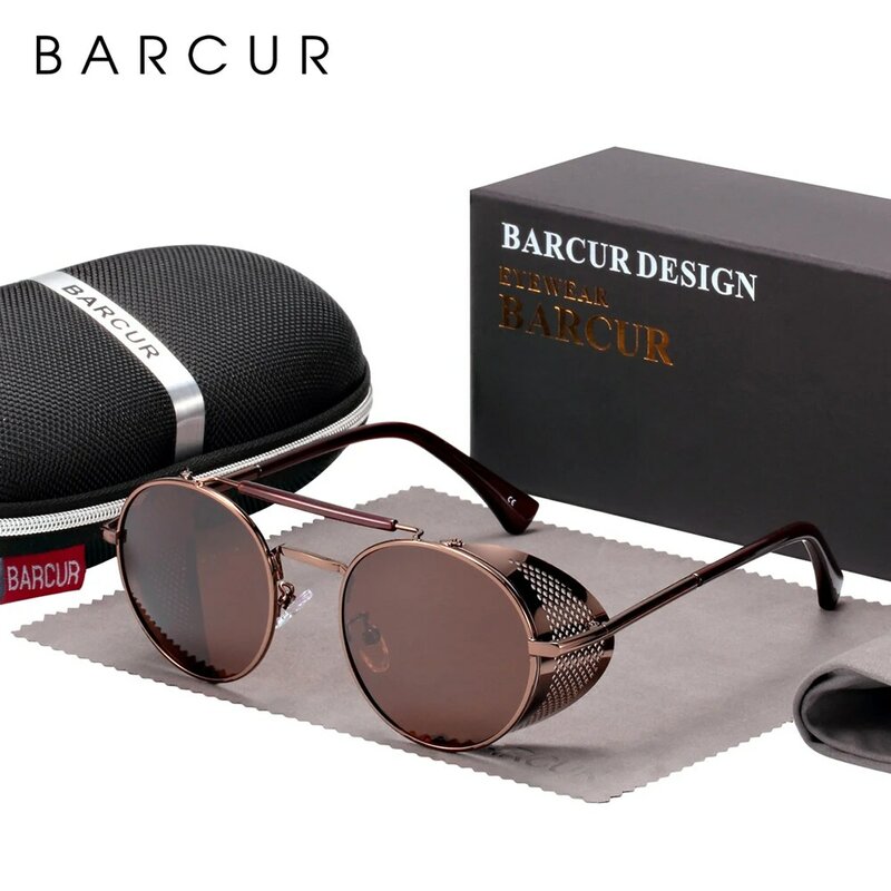 BARCUR-gafas de sol polarizadas Steampunk para hombre, lentes de sol redondas, estilo Retro, lentes de sol para dama, Vintage