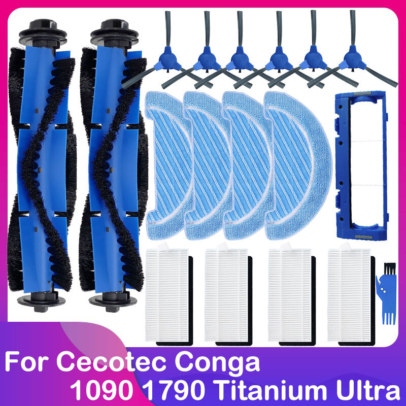 Cecotec Conga 1090 1790 Titanium Ultra ロボット掃除機の互換性のある予備部品とアクセサリー - メインブラシ、サイドブラシ、ヘパフィルター、モップ、拭き掃除布