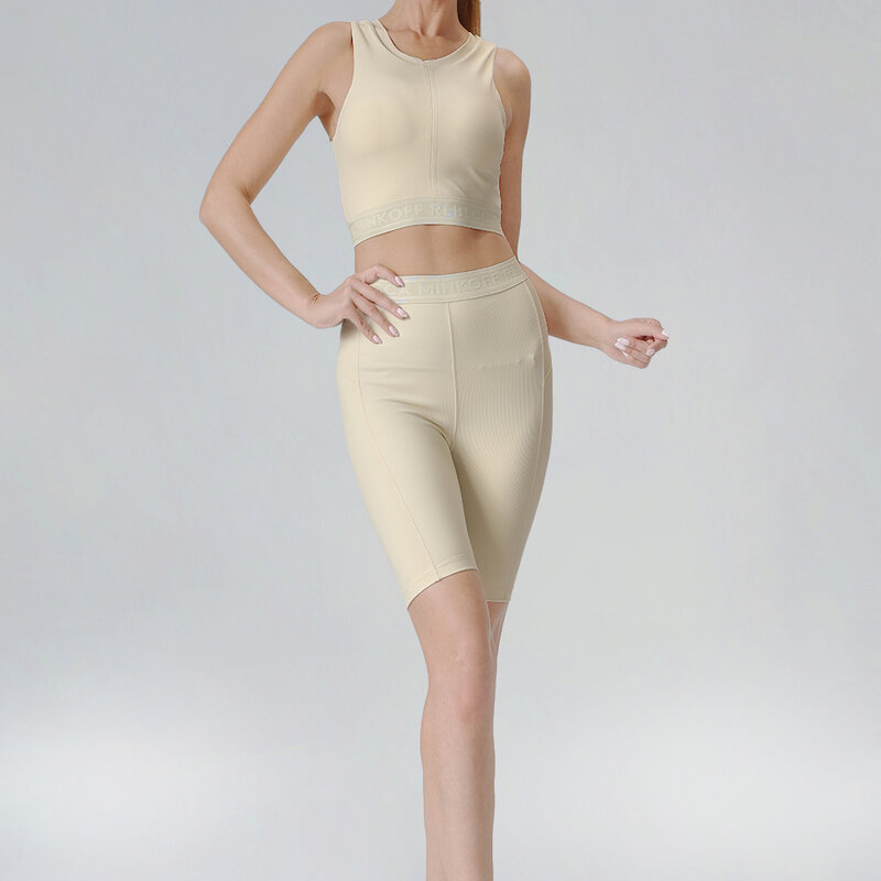 BODYGO Short Yoga Set Ivory Women's Active Wear Backless Solid Color Slim Fit Sports Wear Summer New