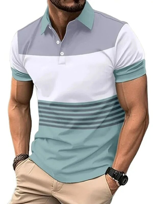Camisa polo listrada de manga curta masculina, botão de lapela, roupa casual, moda verão