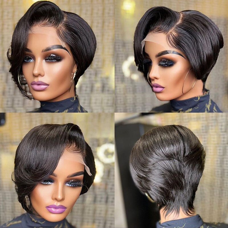 13x4 Pixie Cut Wig Human Hair Wigs Straight Lace Transparent Short Bob Wig T Part Lace Wig Brazilian Human Hair For Women