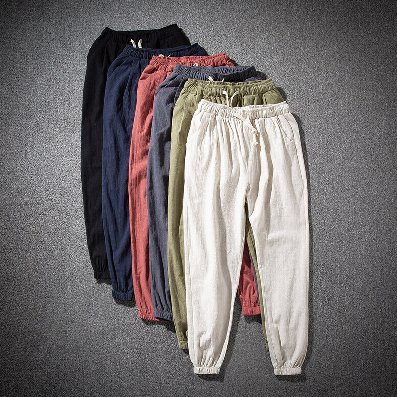 Pantalones de lino y algodón para hombre, ropa informal de cintura elástica, lisa, holgada, para correr, talla grande