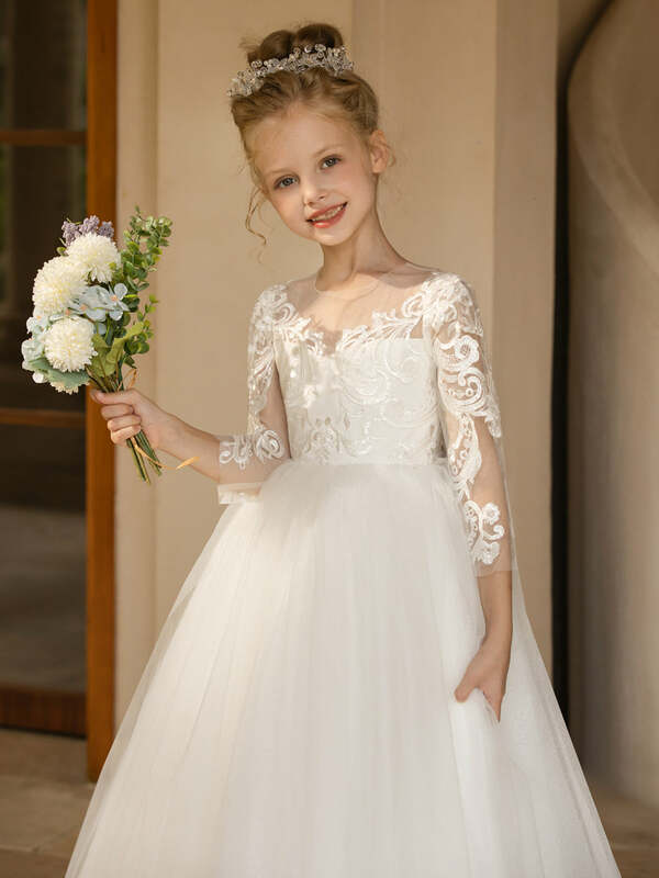 Crew Neck Tulle Flower Girl Dresses With Applique & Satin Bowknot For Wedding and Birthday Party Dress