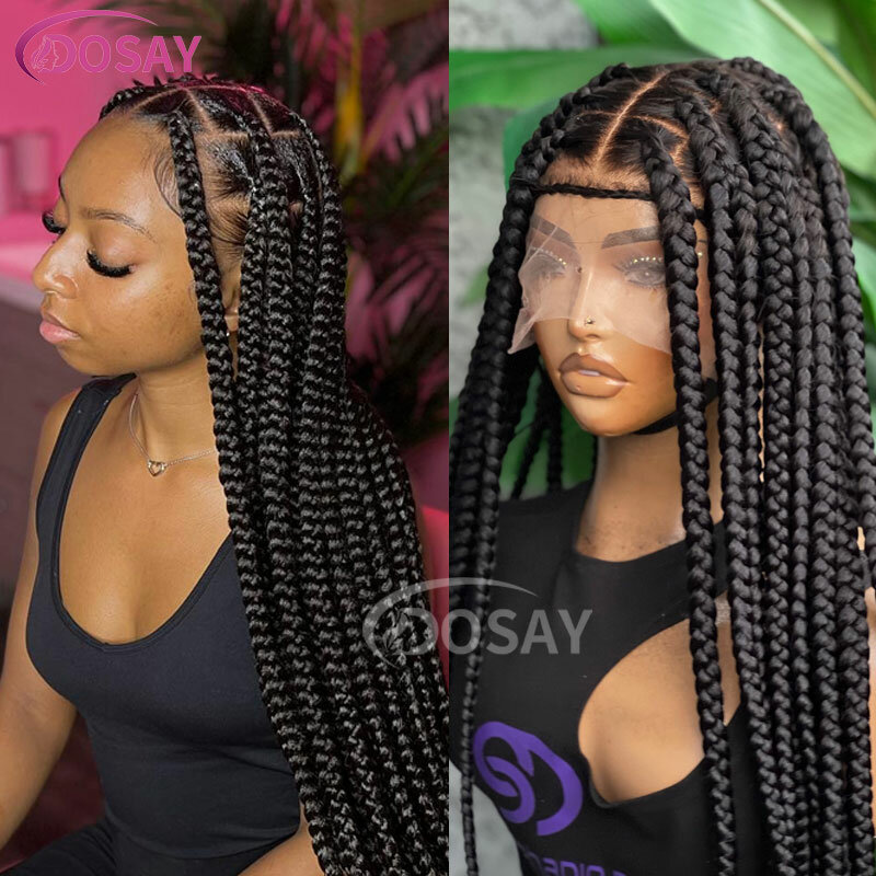 Wig kepang 36 inci untuk wanita warna hitam sintetis Barids Wig panjang sintetik kotak besar Wig kepang kulit kepala palsu Wig Cosplay rambut