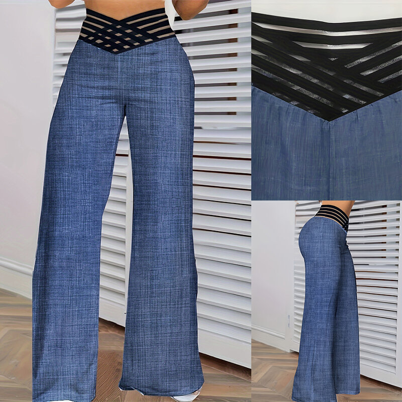 2024 kobiet z szerokimi nogawkami rozkloszowane spodnie jesienne casualowe przezroczysta siateczka naszywka spodnie z wysokim stanem Y2k Streetwear eleganckie spodnie do pracy