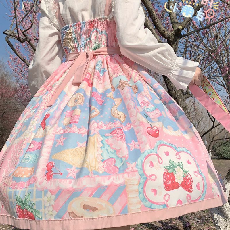 Lolita Japonesa Desenhos Animados Estampados Vestido, Festa do Chá, Sem Mangas, Doce Laço, Princesa Kawaii, Fofo Jsk Sling, Verão