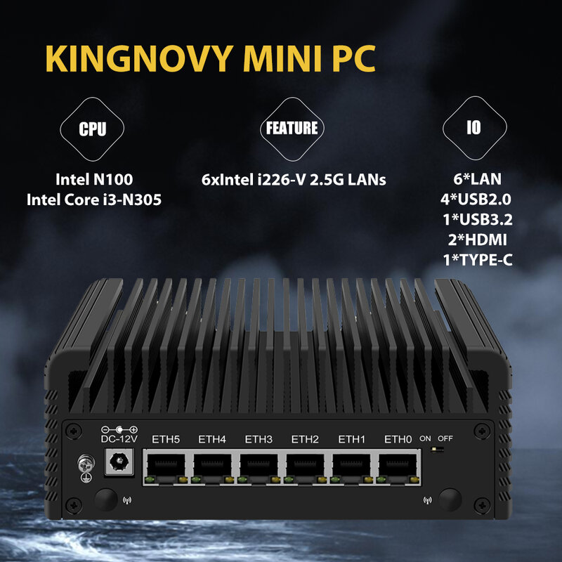 Kingnovy Top 6 LAN Firewall Router 1212 Gen Intel i3 N305 N100 6x i226-V Mini tanpa kipas PC 2xHDMI2.1 USB3.2 type-c pfSense Proxmox