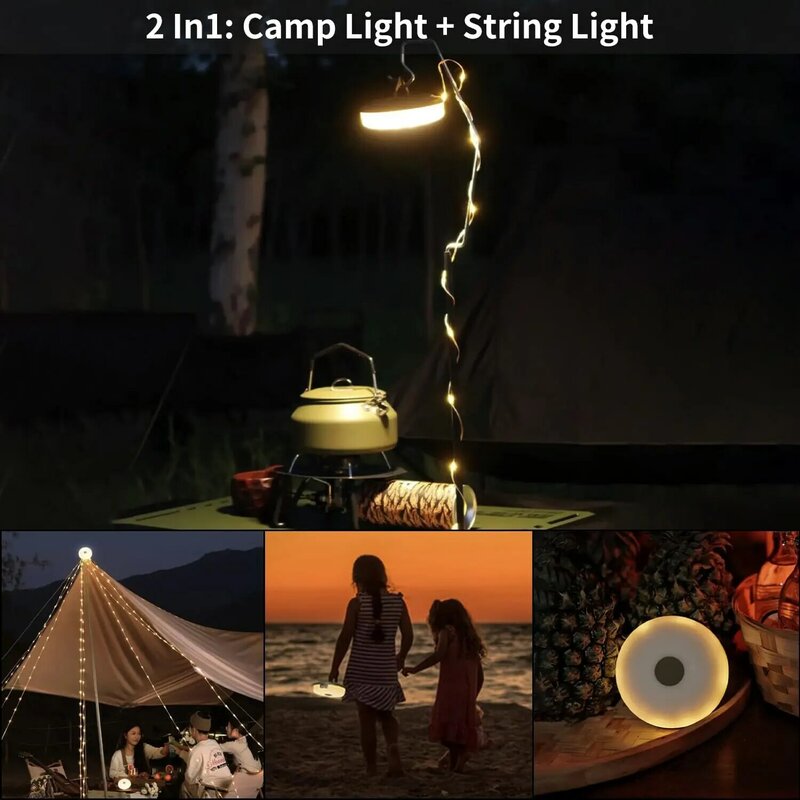 USB recarregável ao ar livre String Lights, lanternas de acampamento portáteis para Garden Yard, 5 modos de iluminação, 2 em 1