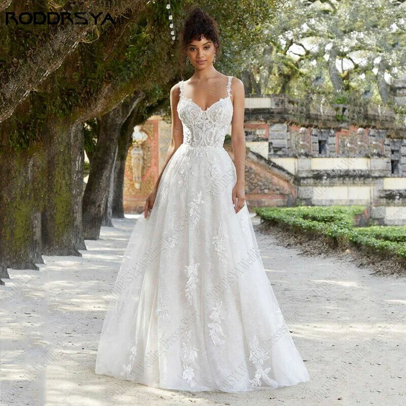 RODDRSYA gaun pernikahan A-line, gaun pengantin manik-manik renda, gaun pengantin untuk pengantin Tulle, kereta api romantis