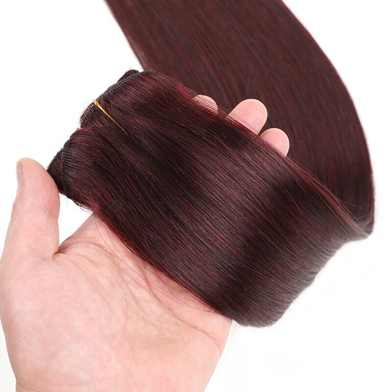 Extensiones de cabello humano Real para mujer, cabello con Clip, 7 piezas, 12-18 pulgadas, Borgoña, rojo vino, cabeza larga completa